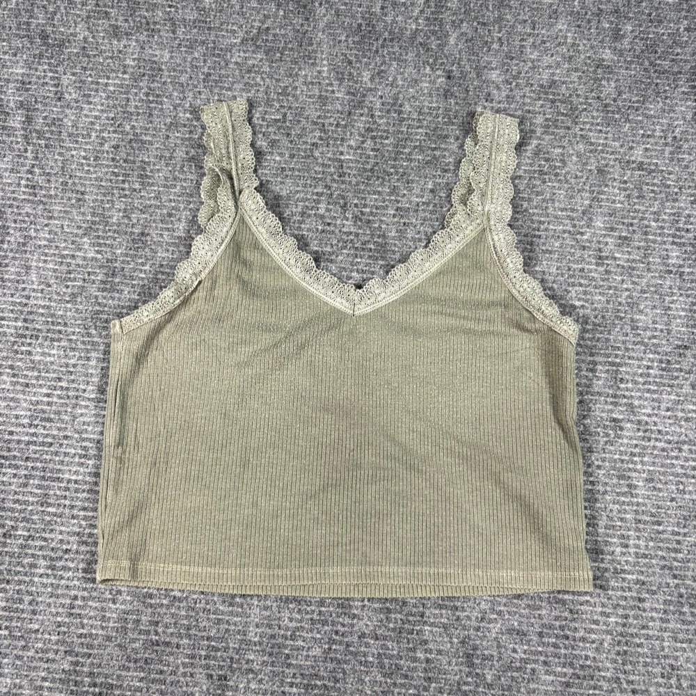 American Eagle Camisole Women M Olive Green Excellent Ribbed Lace Trim Cropped
